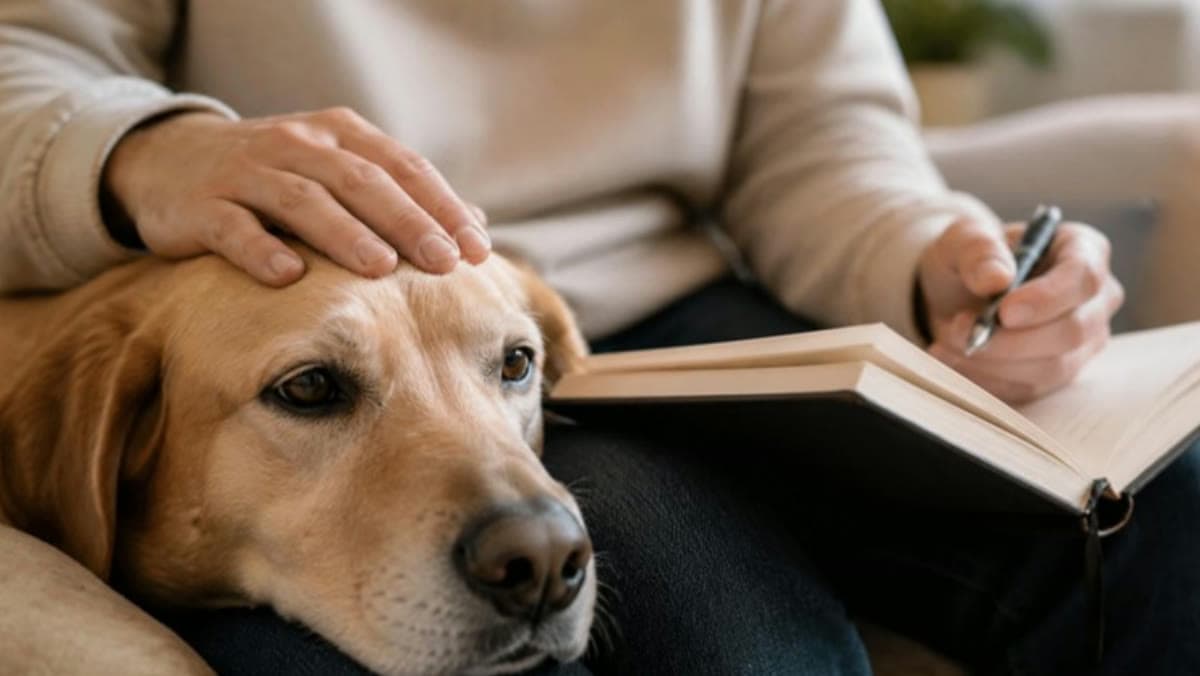 犬の頭にそっと手を添える